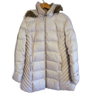 Women's Winter Spring XL Beige Neutral Quilted Coat Faux Fur Hood